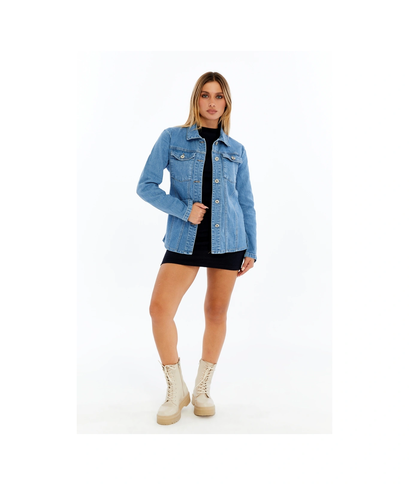 Kadın Denim Ceket Uzun Kollu Jean Ceket, Şık Ve Günlük Kombin Açık Mavi