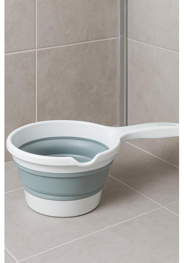 Katlanır Bebek Banyo Maşrapası, Saplı Akordiyon Oluklu Çok Amaçlı Maşrapa 1,2 Litre Gri