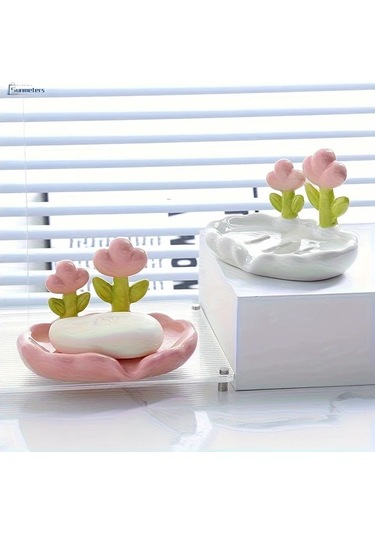 Willowhaven Beyaz Oval Plastik Çiçek Desenli Kendinden Süzülmeli 4 Mevsim Sabunluk Beyaz