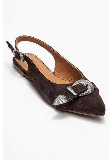 Dorothy Kahverengi Süet Hakiki Deri Tokalı Sivri Burunlu Kadın Sandalet Kahverengi