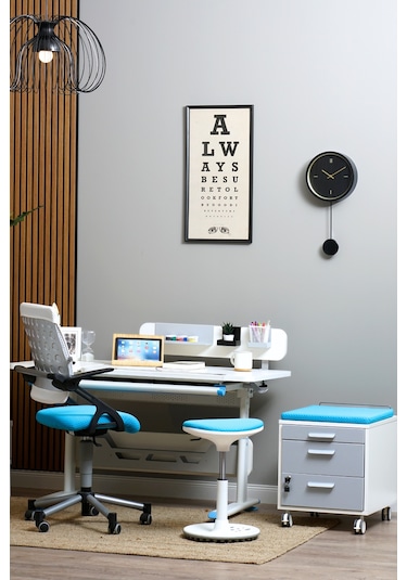 Vega Simple Ayarlanabilir Beyaz Çalışma Masası, Modern Yükseklik Ayarlı Bilgisayar Ve Ofis Masası Mavi