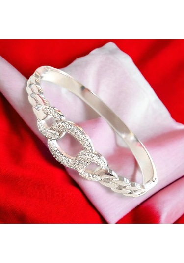 Modern Zirkon Taşlı Çelik Kelepçe Bileklik - Kararmaz Gold Kaplama Gümüş