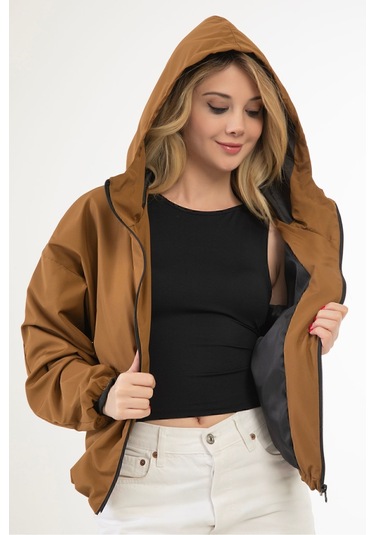 Riverstorm Kadın Taba Su Ve Rüzgar Geçirmez Kapüşonlu Cepli Oversize Yağmurluk - Rüzgarlık Taba