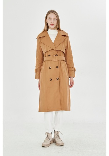 Pastelastore %100 Pamuk Gabardin Uzun 110cm Astarlı Kemerli Kadın Trençkot 1111 Tarçın