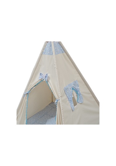 Exorbaby Lüks,büyük Boy,ahşap Ve Pamuklu Naturel Kumaş,toplanmaz,devrilmez,puf Minderli Oyun Çadırı Mavi