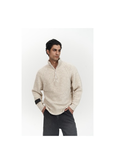 Zane Fermuar Detay Bej Erkek Triko Kazak Bej