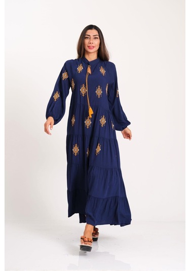Kadın Lacivert Önü Ve Kolları Otantik Nakışlı Eteği Kat Kat Uzun Elbise-lacivert