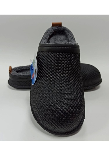 Gezer Kışlık Islak Zemin Erkek Terlik Önü Kapalı Tüylü Siyah Siyah