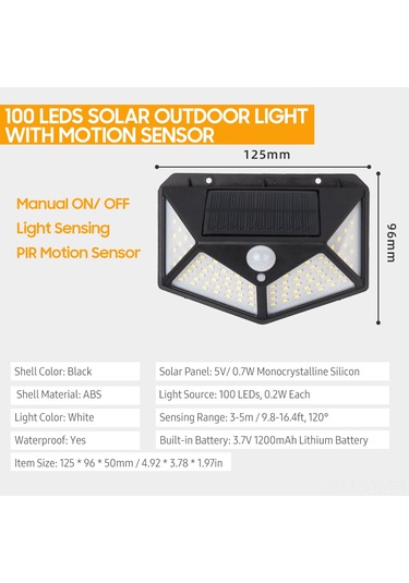 Vkemall Led Güneş Enerjili Duvar Lambası, Hareket Sensörlü, 100 Led, Ip44 Su Geçirmez, Bahçe/ev Terası Için, Siyah, Tekli Paket Dahili Li-pil