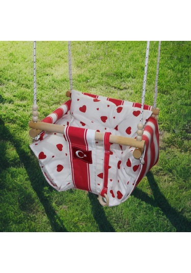 Ahşap Bebek Salıncağı Minder Yastık Ve Diş Halkalı Ay Yıldız Salıncak Kırmızı - Beyaz