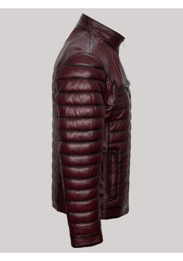 Hakiki Kuzu Derisi Bordo Çizgi Detaylı Dört Cepli Şişme Erkek Deri Mont Bordo