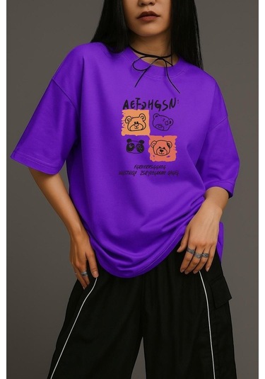 Ayıcık Baskılı Unisex Oversize Tişört Mor