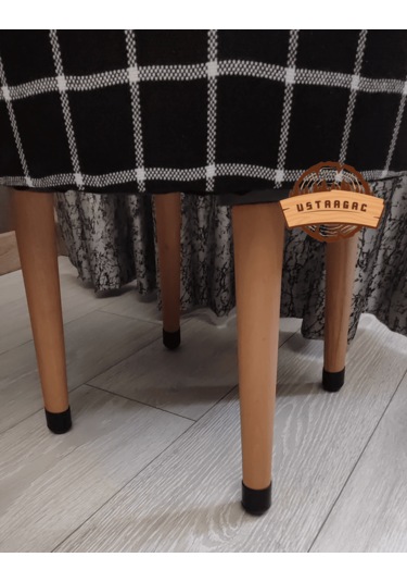 Puf Koltuk Tabure - Siyah Üstü Beyaz Örme Ekose - Ahşap Gürgen Ay