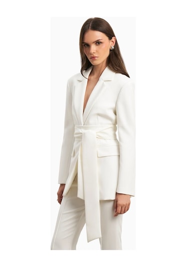 Because Of Alice Classic Blazer With Belt Klasik Blazer Kadın Ceket Beyaz
