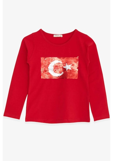 Breeze Kız Çocuk Uzun Kollu Tişört Pullu Ay Yıldız 4-14 Yaş, Kırmızı Kırmızı