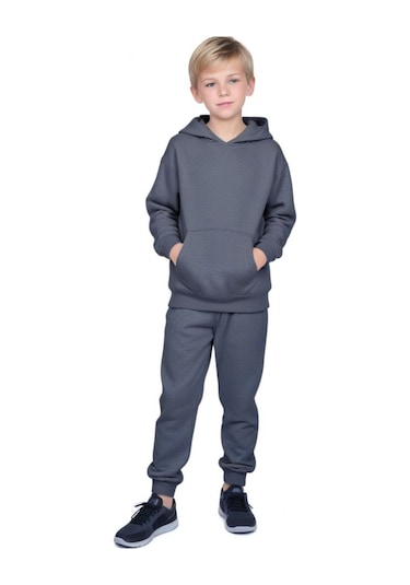 2'li Kanguru Cepli Kapüşonlu Düz Baskısız Erkek Çocuk Eşofman Takımı Füme - Gri