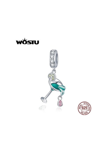 Wostu 925 Ayar Gümüş Pembe Cz Kokteyl Şarap Bardağı Dangle Charm Kolye Dıy Bilezik Takı Gümüş