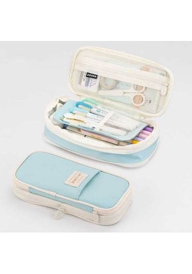 Maoyaya Angoo Macaron Çift Katmanlı Geri Çekilebilir Büyük Kapasiteli Kalem Kutusu Açık Mavi Açık Mavi