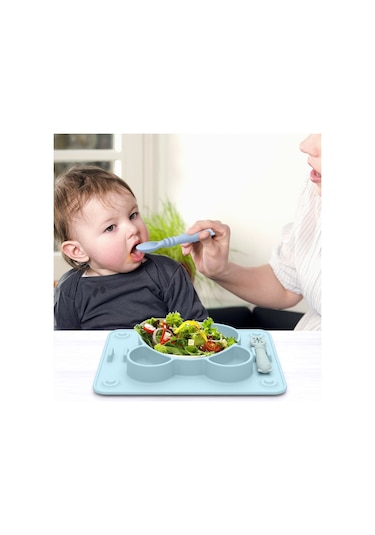 Sones Bebek Entegre Vakumlu Bardak Izgara Yemek Tabağı Çocuk Panda Silikon Yapıştırıcı Tabaklar Çatal Ve Kaşıkla Gök Mavisi