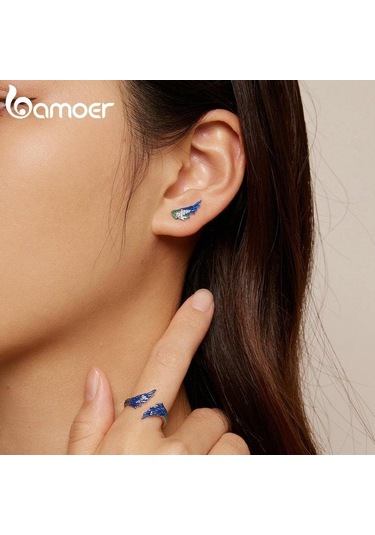 Bamoer 925 Ayar Gümüş Mavi Emaye Tüy Açılış Halkası Guardian Kanat Ayarlanabilir Yüzük Kadınlar İçin Güzel Takı