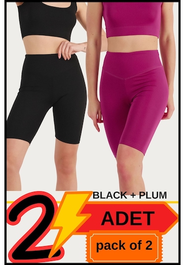 Kadın Yüksek Bel Toparlayıcı Kısa Siyah &mürdüm Şort Tayt 2'li Paket Lycralı Biker Shorts 21077 Siyah - Mürdüm