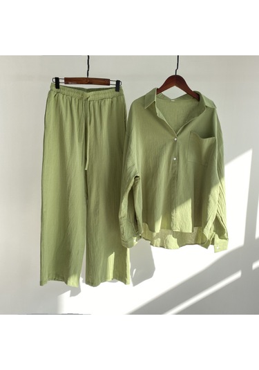 Pamuk-Keten Karışımlı Takım Açık Yeşil