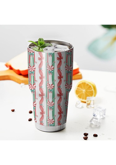 Noel Desenli 30oz Kahve Termosu, Çift Katlı Paslanmaz Çelik, Yeniden Kullanılabilir, Sızdırmaz Noel Şeker Kamışı