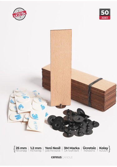 Ahşap Mum Fitili 25 Mm Genişlik Nikel Kaplama Çelik Taban, 3m Köpük Bantlı, 50 Li Set Ahşap