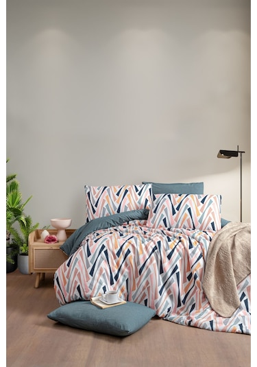 Lastikli Çarşaflı Tek Kişilik Nevresim Takımı Shap Petrol Yeşili - Somon