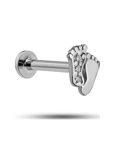 925 Ayar Gümüş Rodyumlu Minimal Zirkon Taşlı Ayak İzi Tragus Piercing Küpe Gümüş