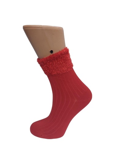 Kırmızı Püsküllü Kadın Pamuklu Soket Çorap Kırmızı