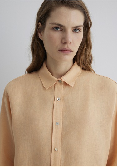 Mavi - Turuncu Keten Gömlek 1210747-71219 Turuncu