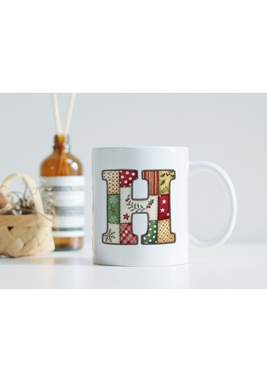 H Harfi Yılbaşı Temalı Kupa Bardak - Yeni Yıl Konsept Yamalı Efekt Tasarım - Noel Hediye Beyaz