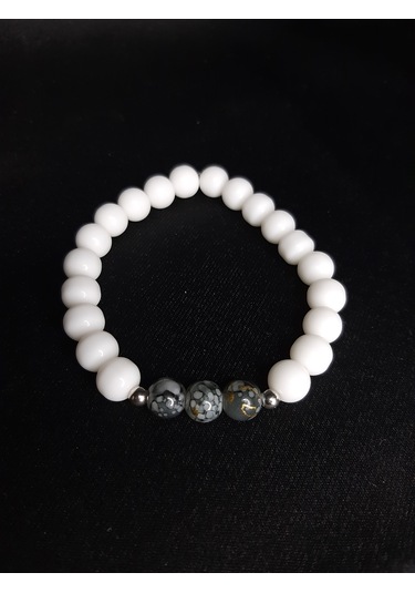 Beyaz & Geanit Görünümlü Cam Boncuk Unisex Elastik Bileklik 8 Mm Çok Renkli