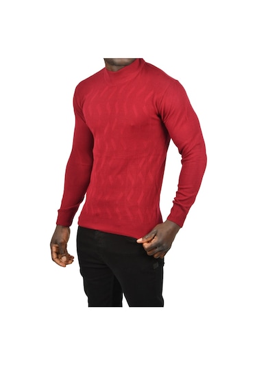 Deepsea Erkek Bordo Dar Kesim Yarım Balıkçı Yaka Desenli Triko Yarım Boğazlı Kazak 2505505 Bordo