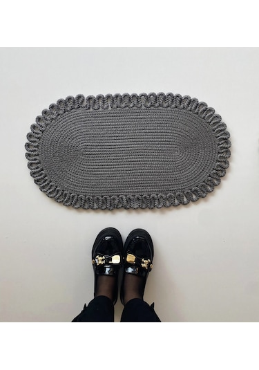Jüt Kenarları Desenli Oval Paspas 45 X 75 Gri