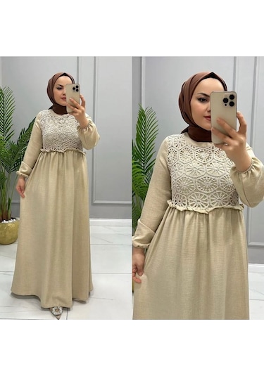 Kadın Melenj Keten Elbise Krem