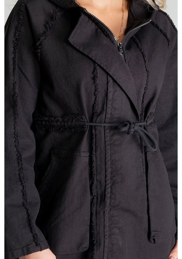 Kadın Power Likralı Pamuklu Kumaş Kapişonlu Fermuarlı Kordonlu Pis Dikişli Mont Siyah