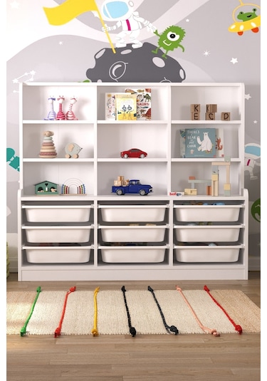 Bofigo 9 Sepetli 9 Raflı Dolap Çok Amaçlı Dolap Oyuncak Dolabı Almina Beyaz Beyaz