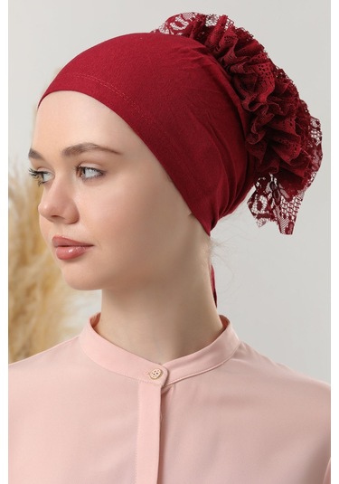 Tesettür Fırfırlı Bone Bordo Bordo