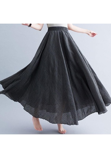 Yaz Sonbahar Kadın Etek Edebi Büyük Boy Pamuk Keten Yarım Etek Elastik Bel Keten A-line Etek Uzun Bölüm Saf Renk Rüzgar Salıncak Etek Koyu Gri