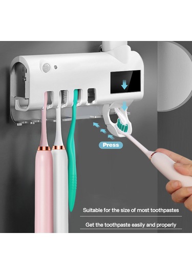Geeksen Uv Işınlı Güneş Enerjili Şarj Edilebilir Otomatik Diş Macunu Dispenser Duvar Diş Fırçası Dezenfektör Organizer Siyah