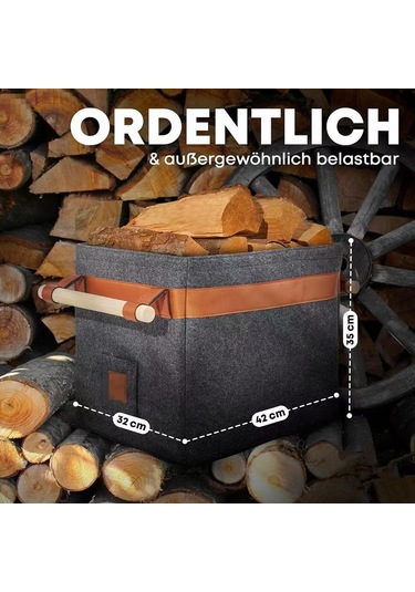Xindoker Küçük Odun Ve Çakmak Taşı Depolama Sepeti - Katlanabilir Felt Materyal, Deri El Kolu, 60x40x40 Cm Sabit Konstruksiyon Koyu Gri