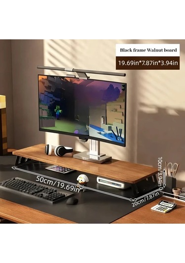 Motion003 Ergonomik Ahşap Monitör Standı Siyah Çerçeve Ceviz Tahtası 50 Cm Büyük Çift Ekran Masa Rafı Ofis Ev Çalışma Alanı İçin
