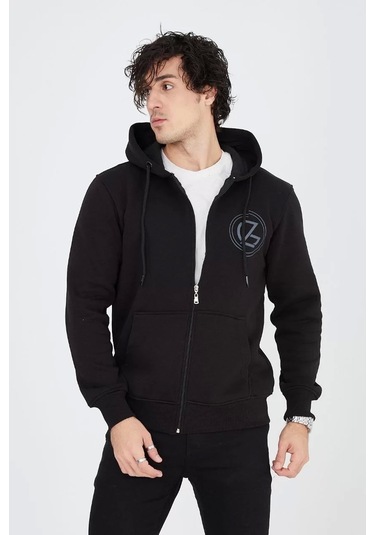 Erkek Kapüşonlu Baskılı Fermuarlı Hırka - Siyah Siyah