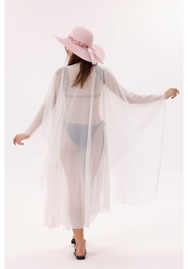 Tarzını Seç Kimono Pareo - Tesettür Pareo - Esnek Likralı Tül Beyaz 240x135 Cm Çok Renkli