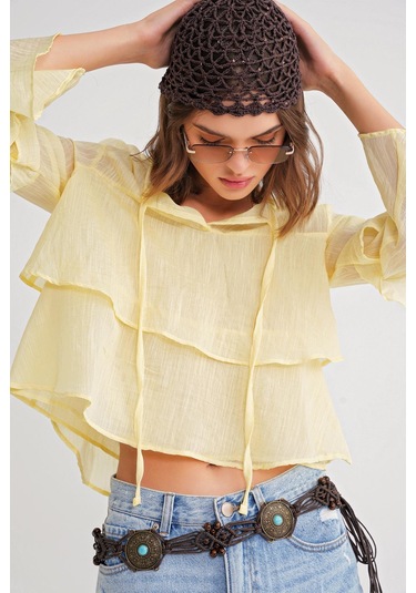 4735 Kadın Uzun Kollu Fırfırlı Bağlamalı Bluz Sarı Sari