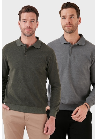 Buratti Pamuk Karışımlı Regular Fit 2'Li Paket Erkek Polo Yaka Kazak 456223S2 Haki-Koyu Gri