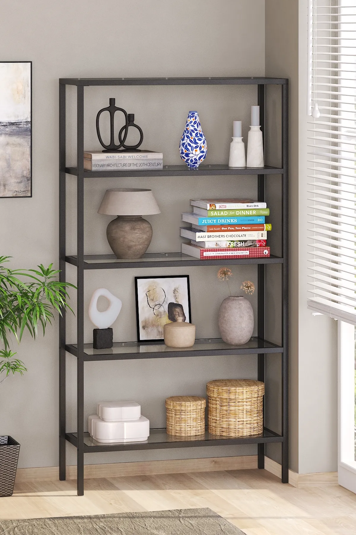 Modern 5 Katlı Metal İskeletli Cam Raflı Aksesuar Rafı Kitaplık Siyah-şeffaf Modern 5 Katlı Metal İskeletli Cam Raflı Aksesuar Rafı Kitaplık Siyah-şeffaf