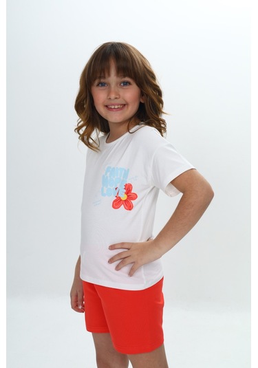 Toontoy Kız Çocuk Göğsü Çiçek Yazı Baskılı Şortlu Takım Narçiçeği